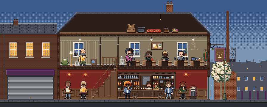 The pub cut away like a doll's house at dusk. Upstairs, the record label: people at desks, one on the phone, one in headphones, a kettle on the filing cabinet. Downstairs, the bar and its regulars with their pints. A shuttered shop next door and the pub's sign on the corner.