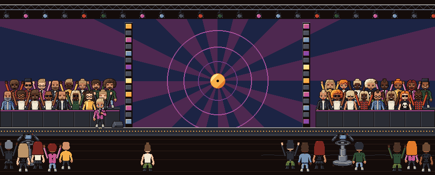 The chart show: a television studio with a gold record at the centre of a purple and navy sunburst, columns of lights either side, the presenter in a pink jacket, and the audience on two risers with their arms in the air.
